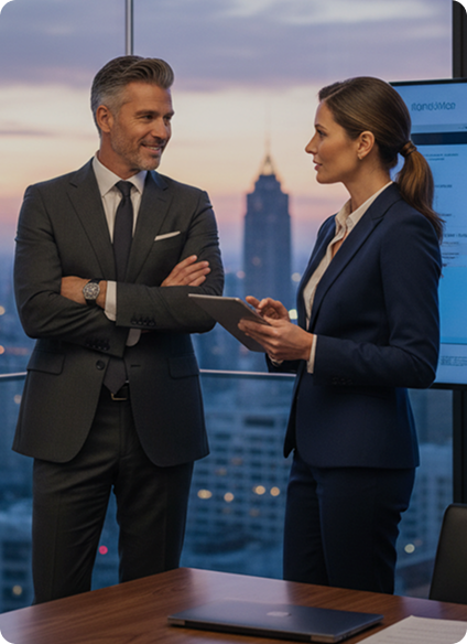 Two business professionals discussing work in a modern office